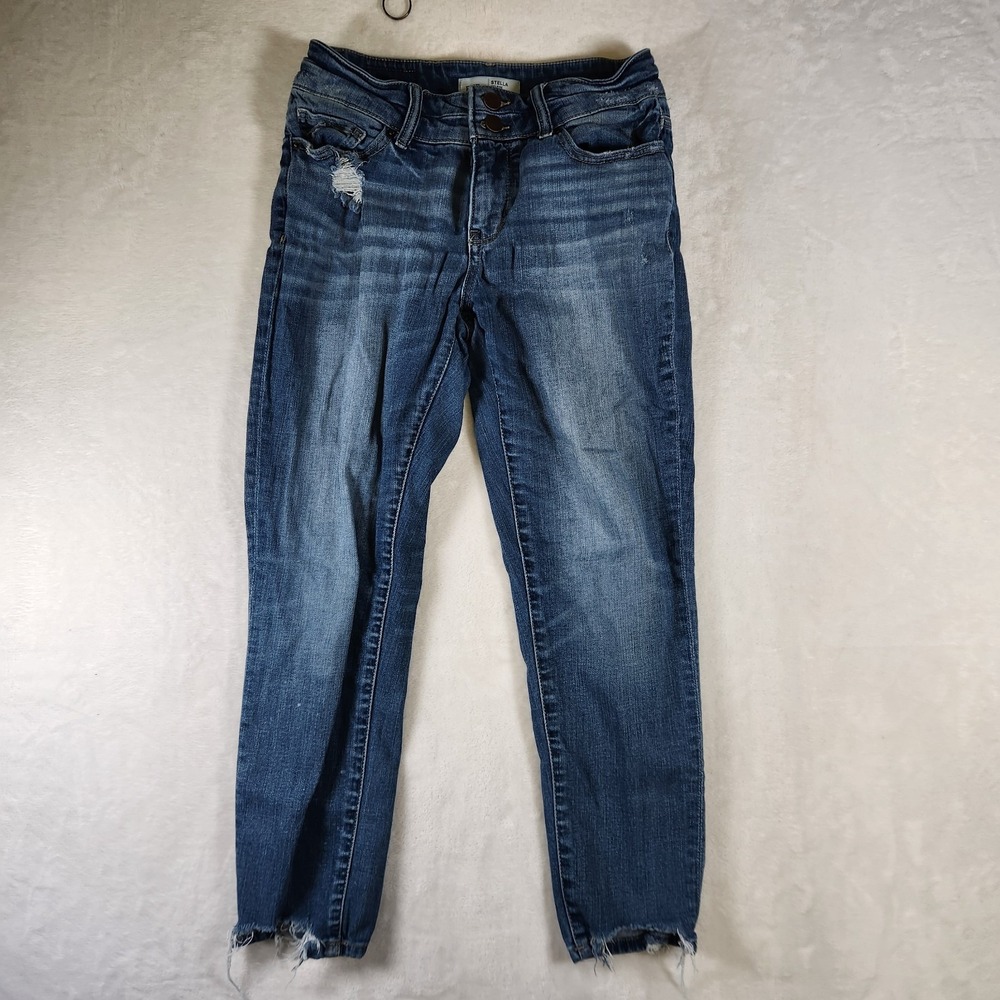 BKE Stella Mid Rise Ankle Skinny Jeans Sz 27 Blue Distressed Raw Hem Stretch